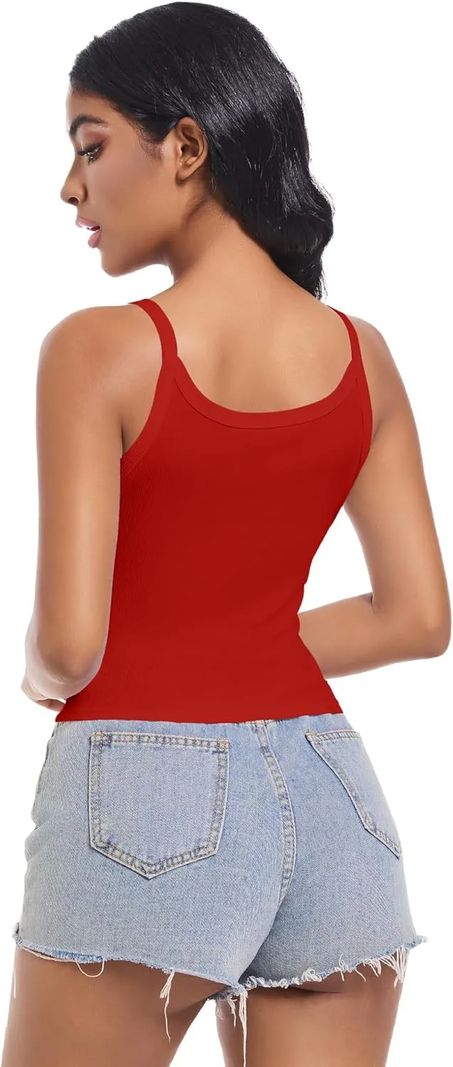 Women Scoop Neck Spaghetti Strap Ribbed Tank Tops Slim Fitted Shirts Basic Sleeveless Layering Camisole