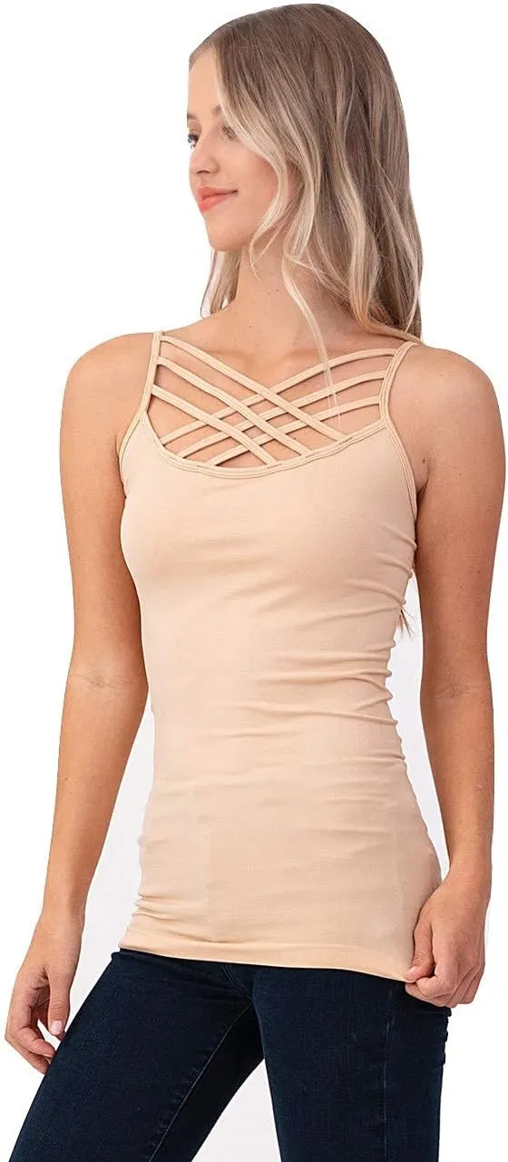 Women Sexy Criss Cross Front Spaghetti Strap Basic Round HollowOut Neck Seamless Camisole Tank Top