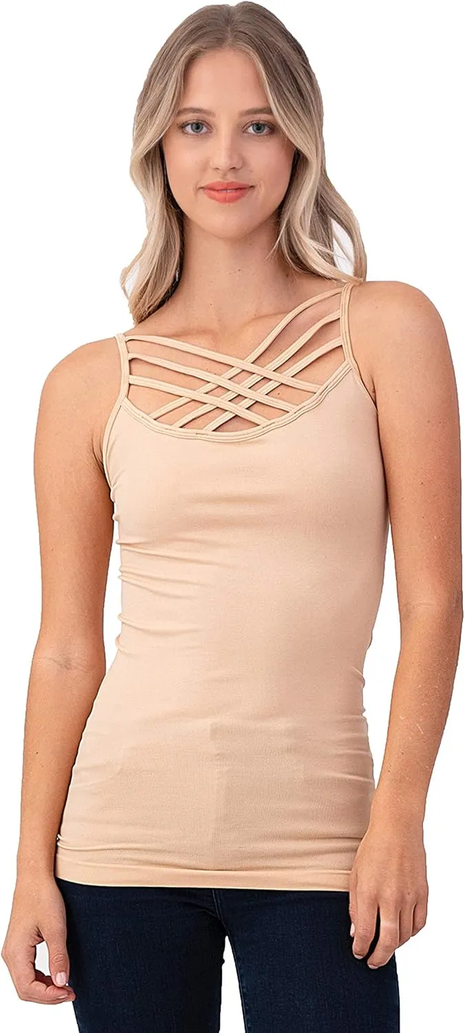 Women Sexy Criss Cross Front Spaghetti Strap Basic Round HollowOut Neck Seamless Camisole Tank Top