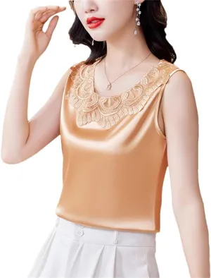 Women Tank Tops Sleeveless Round Neck Patchwork Lace Shirt Camisole