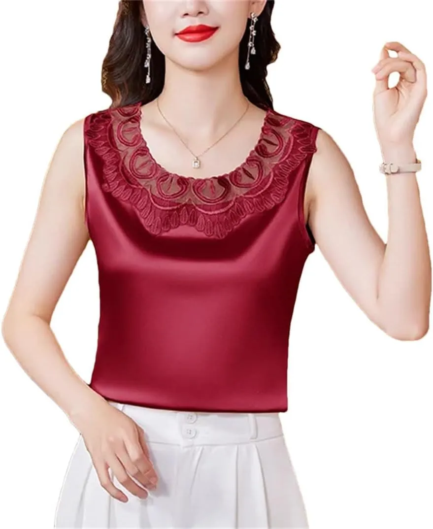 Women Tank Tops Sleeveless Round Neck Patchwork Lace Shirt Camisole