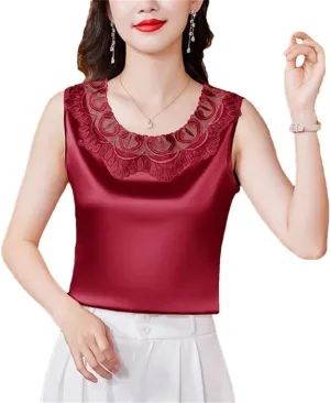 Women Tank Tops Sleeveless Round Neck Patchwork Lace Shirt Camisole