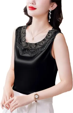 Women Tank Tops Sleeveless Round Neck Patchwork Lace Shirt Camisole