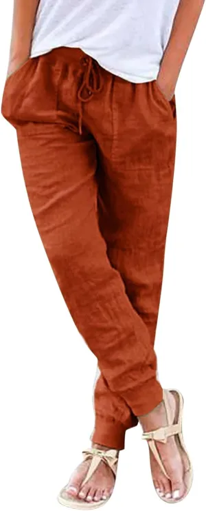 Women Tapered Pants Cotton Linen Drawstring Back Elastic Waist Trousers Casual Summer Plus Size Joggers with Pockets
