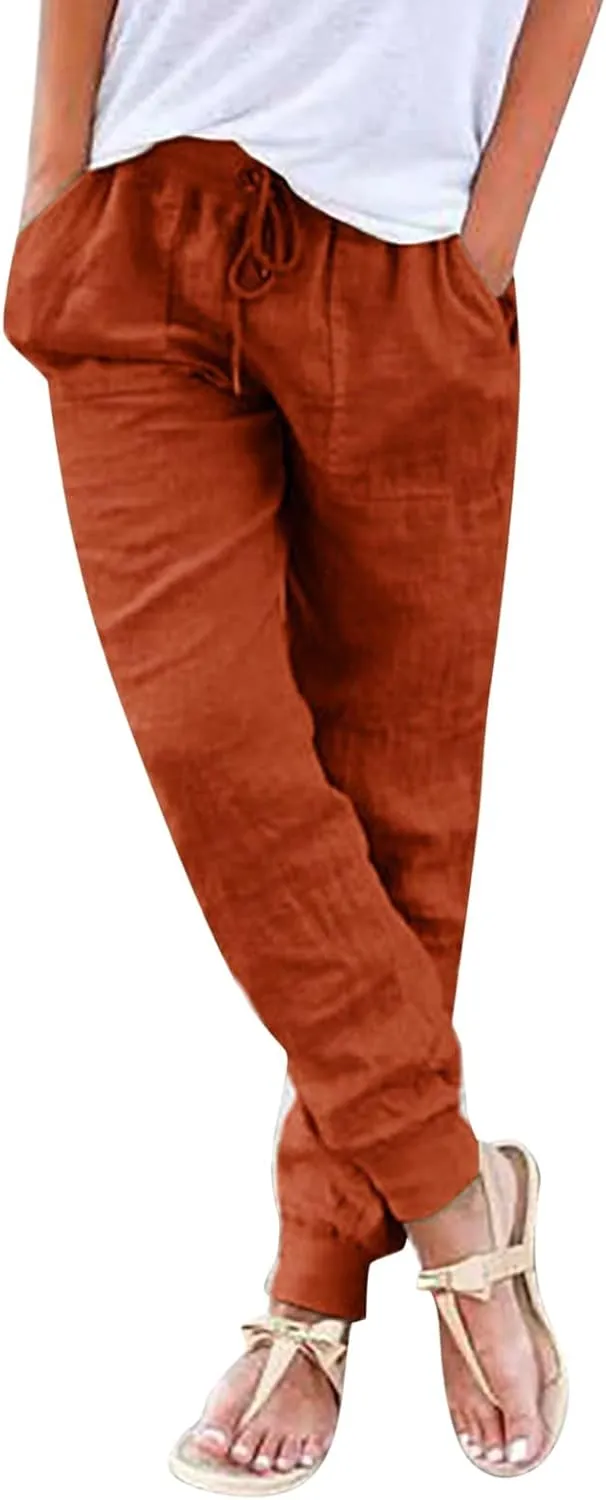 Women Tapered Pants Cotton Linen Drawstring Back Elastic Waist Trousers Casual Summer Plus Size Joggers with Pockets