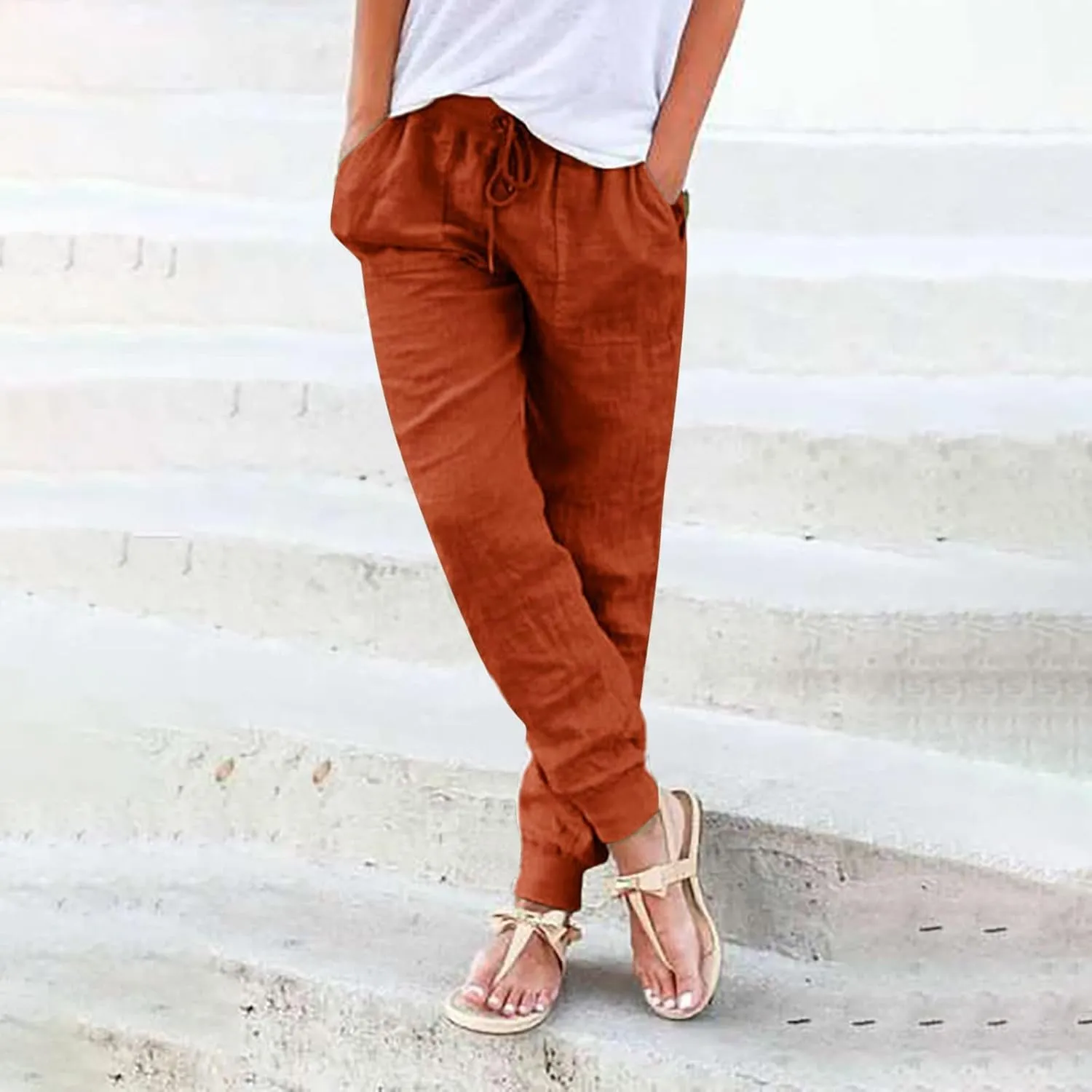 Women Tapered Pants Cotton Linen Drawstring Back Elastic Waist Trousers Casual Summer Plus Size Joggers with Pockets