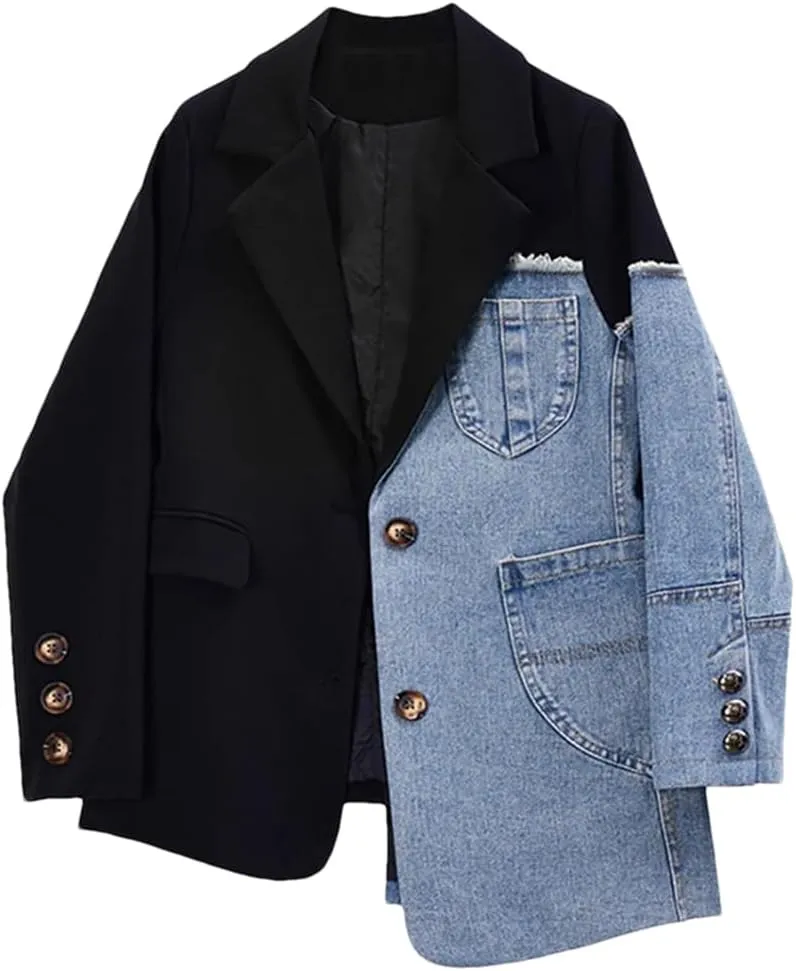 Women Vintage Denim Patchwork Blazer Irregular Long Sleeve Lapel Loose Jackets Coat