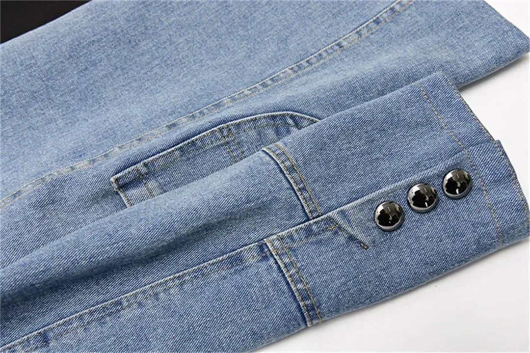 Women Vintage Denim Patchwork Blazer Irregular Long Sleeve Lapel Loose Jackets Coat