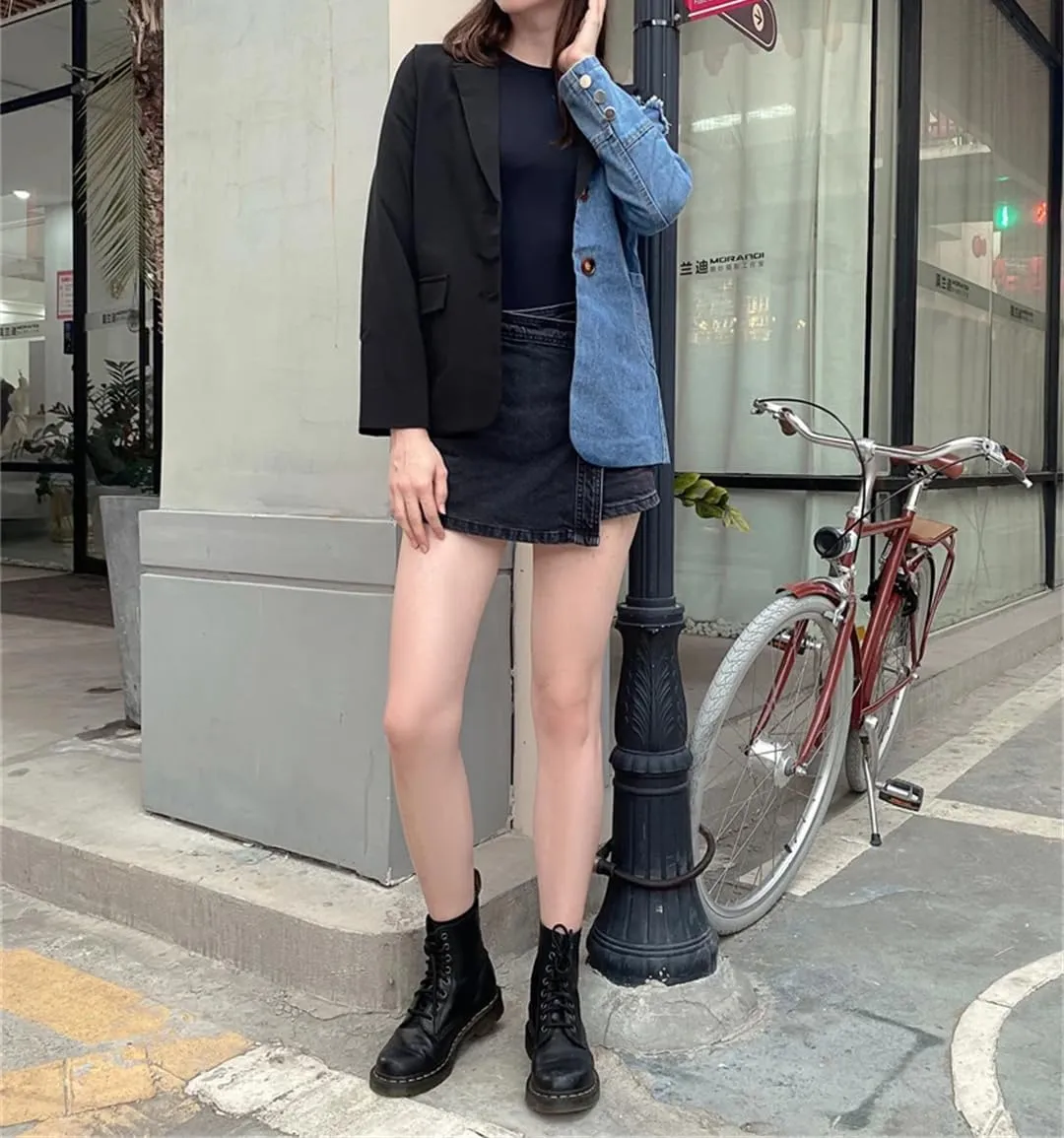 Women Vintage Denim Patchwork Blazer Irregular Long Sleeve Lapel Loose Jackets Coat