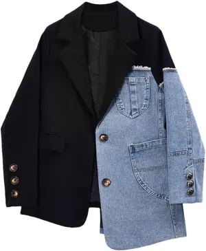 Women Vintage Denim Patchwork Blazer Irregular Long Sleeve Lapel Loose Jackets Coat
