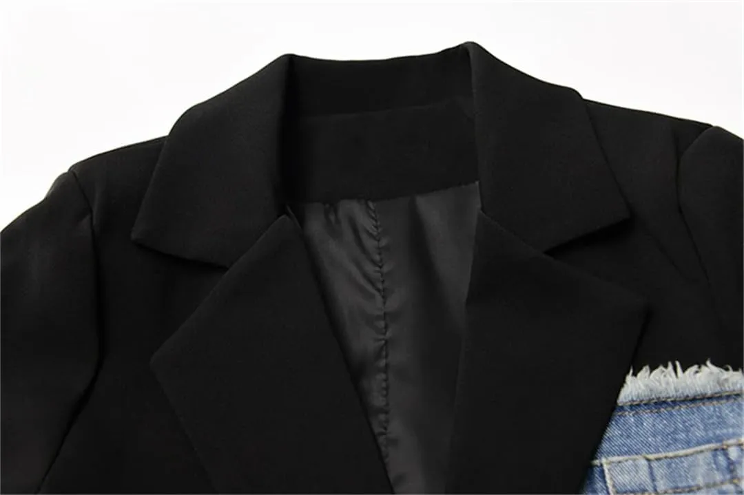 Women Vintage Denim Patchwork Blazer Irregular Long Sleeve Lapel Loose Jackets Coat
