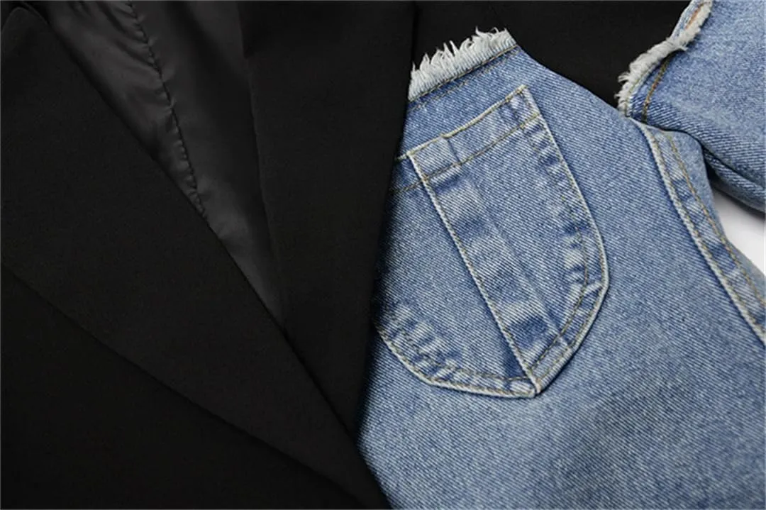 Women Vintage Denim Patchwork Blazer Irregular Long Sleeve Lapel Loose Jackets Coat