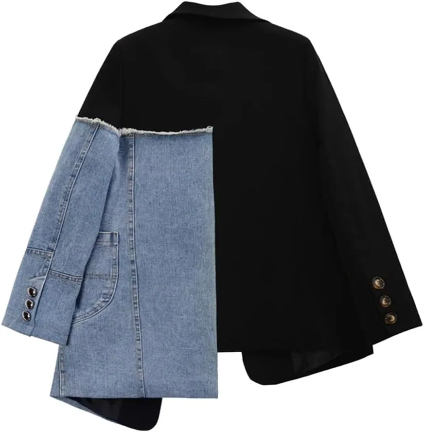 Women Vintage Denim Patchwork Blazer Irregular Long Sleeve Lapel Loose Jackets Coat