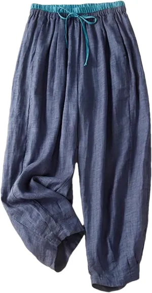Women Vintage Japan Cotton Trousers Solid Elastic Waist Harem Pants