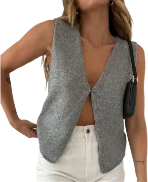 Women Y2k Knit Vest Top Crochet V Neck Sleeveless Button Down Sweater Vest Tank Tops Vintage Streetwear