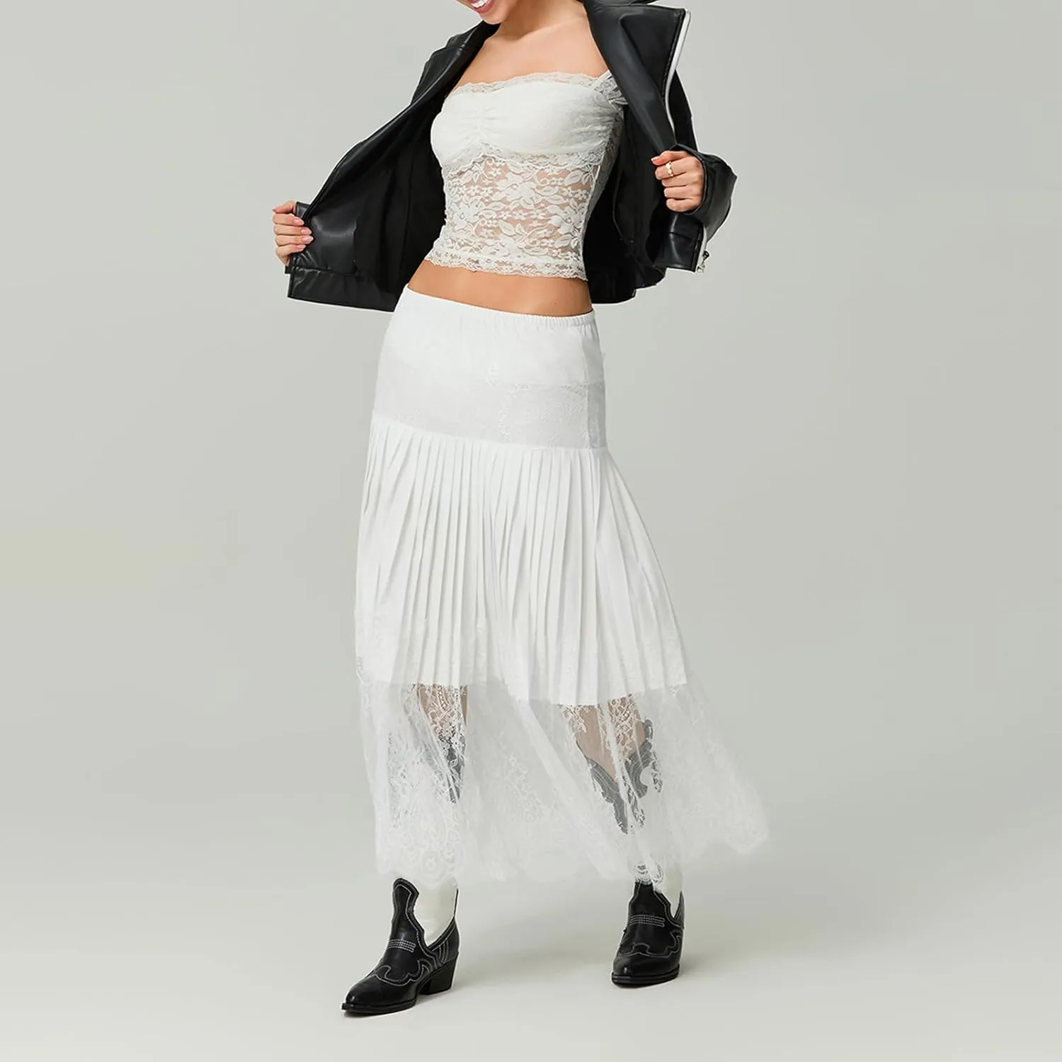 Women Y2k Lace Midi Skirt Pleated Ruffle Lace Trim Half Slip Long Skirt Layering Flowy Extender Underskirt Shirt