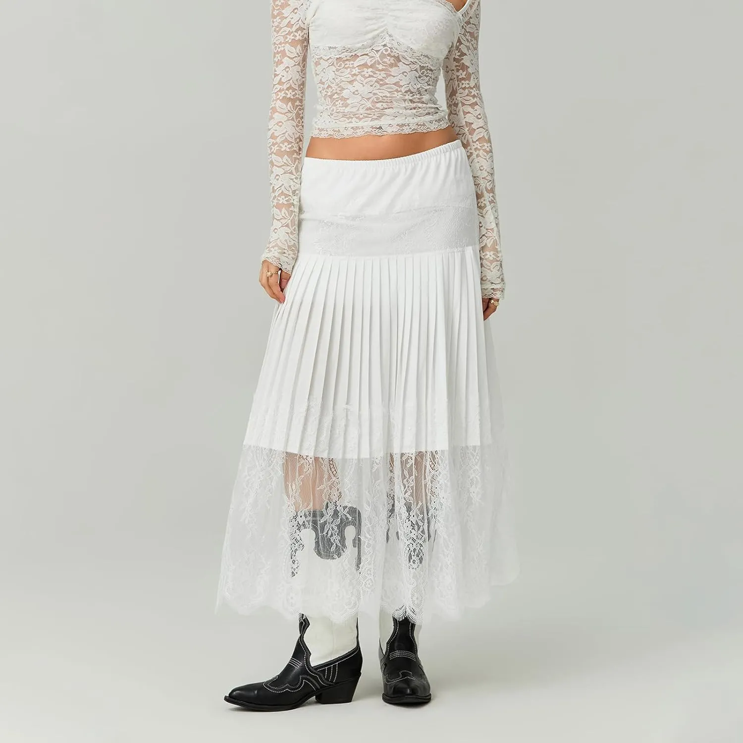 Women Y2k Lace Midi Skirt Pleated Ruffle Lace Trim Half Slip Long Skirt Layering Flowy Extender Underskirt Shirt