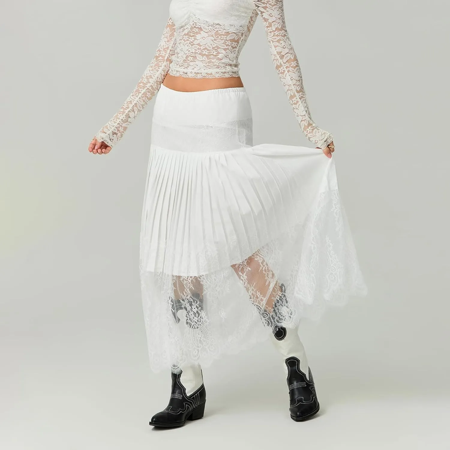Women Y2k Lace Midi Skirt Pleated Ruffle Lace Trim Half Slip Long Skirt Layering Flowy Extender Underskirt Shirt