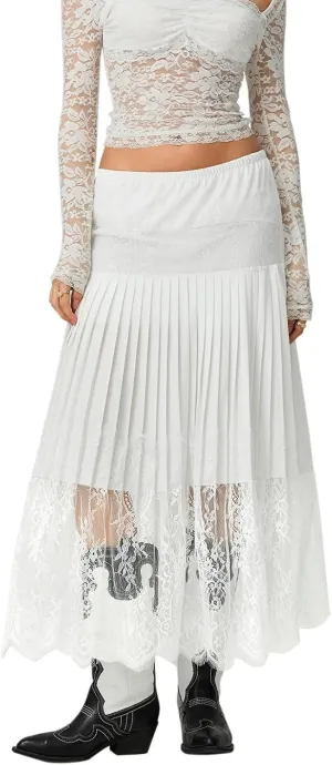 Women Y2k Lace Midi Skirt Pleated Ruffle Lace Trim Half Slip Long Skirt Layering Flowy Extender Underskirt Shirt