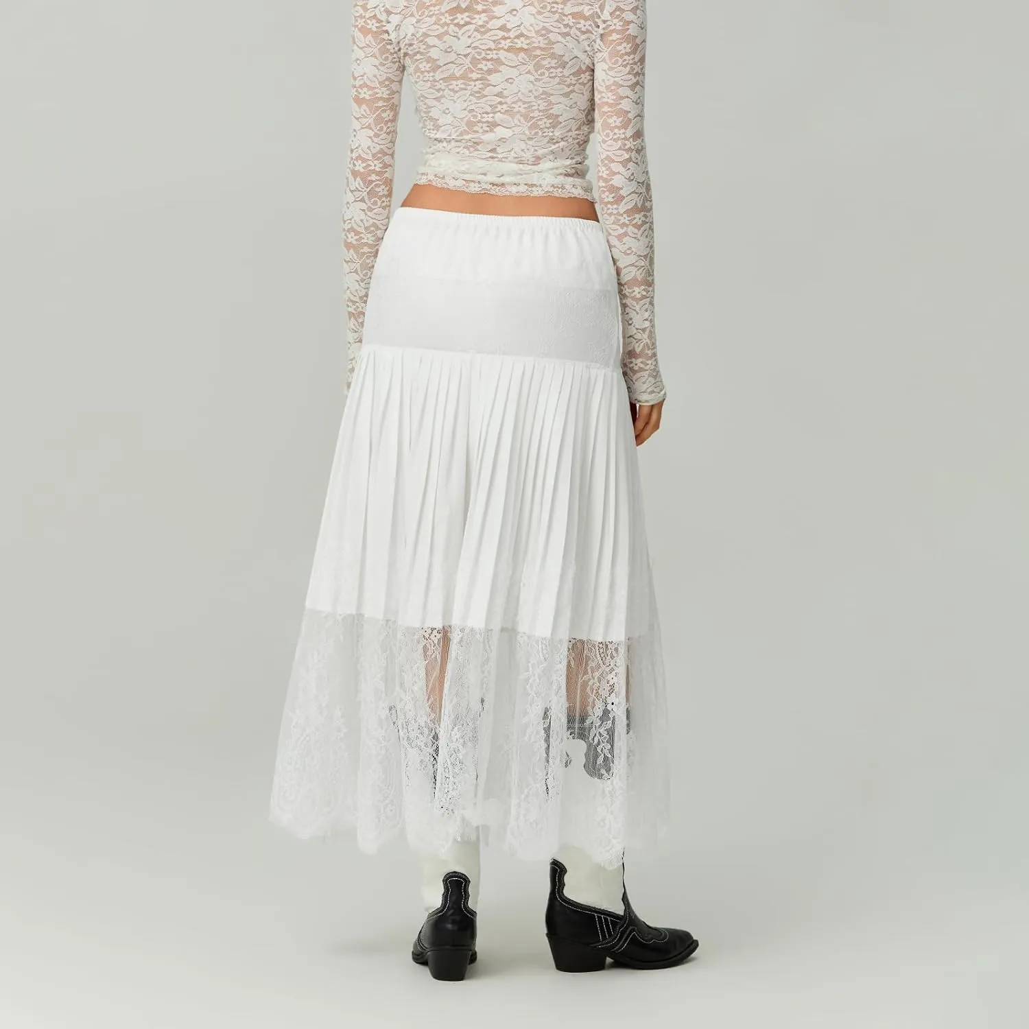 Women Y2k Lace Midi Skirt Pleated Ruffle Lace Trim Half Slip Long Skirt Layering Flowy Extender Underskirt Shirt