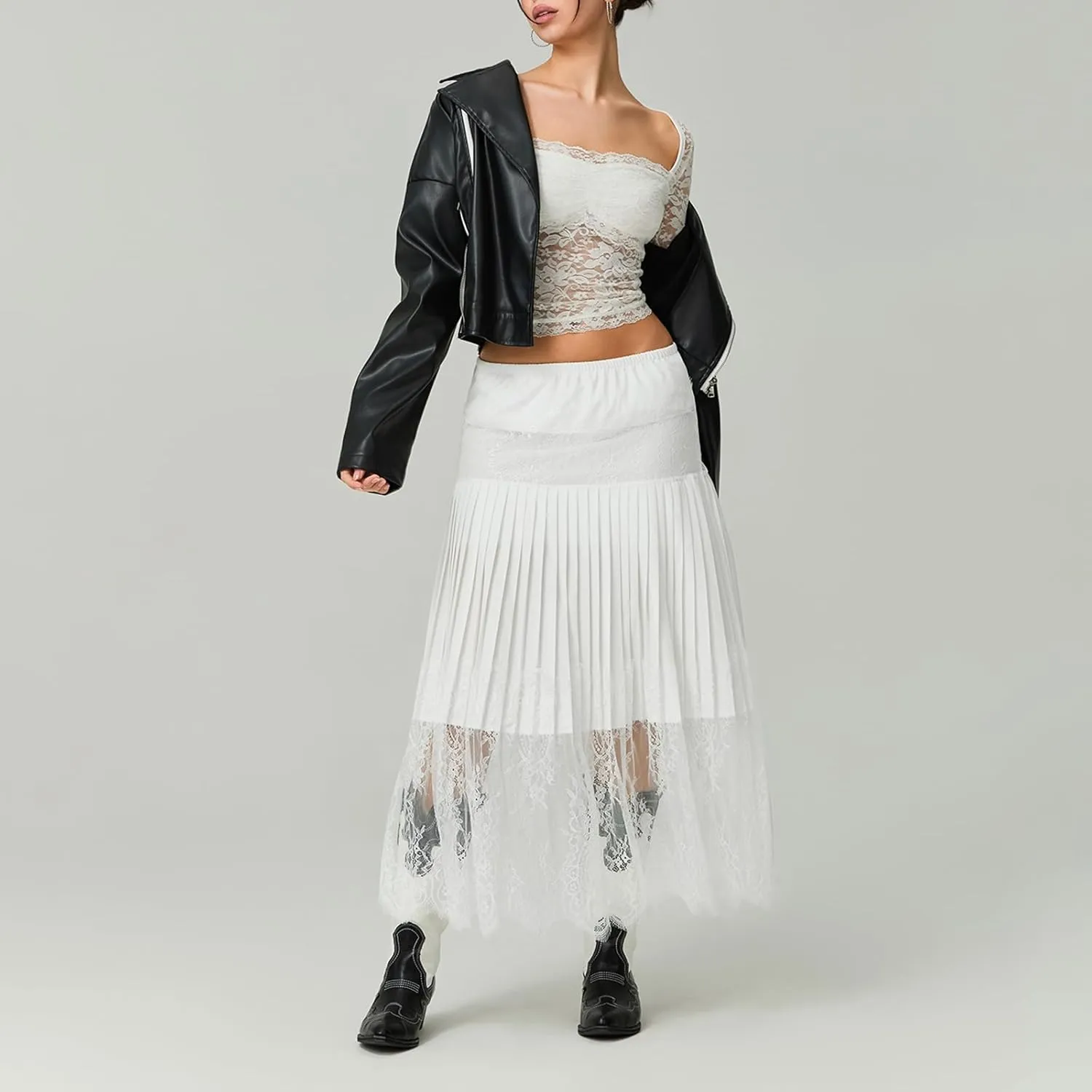 Women Y2k Lace Midi Skirt Pleated Ruffle Lace Trim Half Slip Long Skirt Layering Flowy Extender Underskirt Shirt