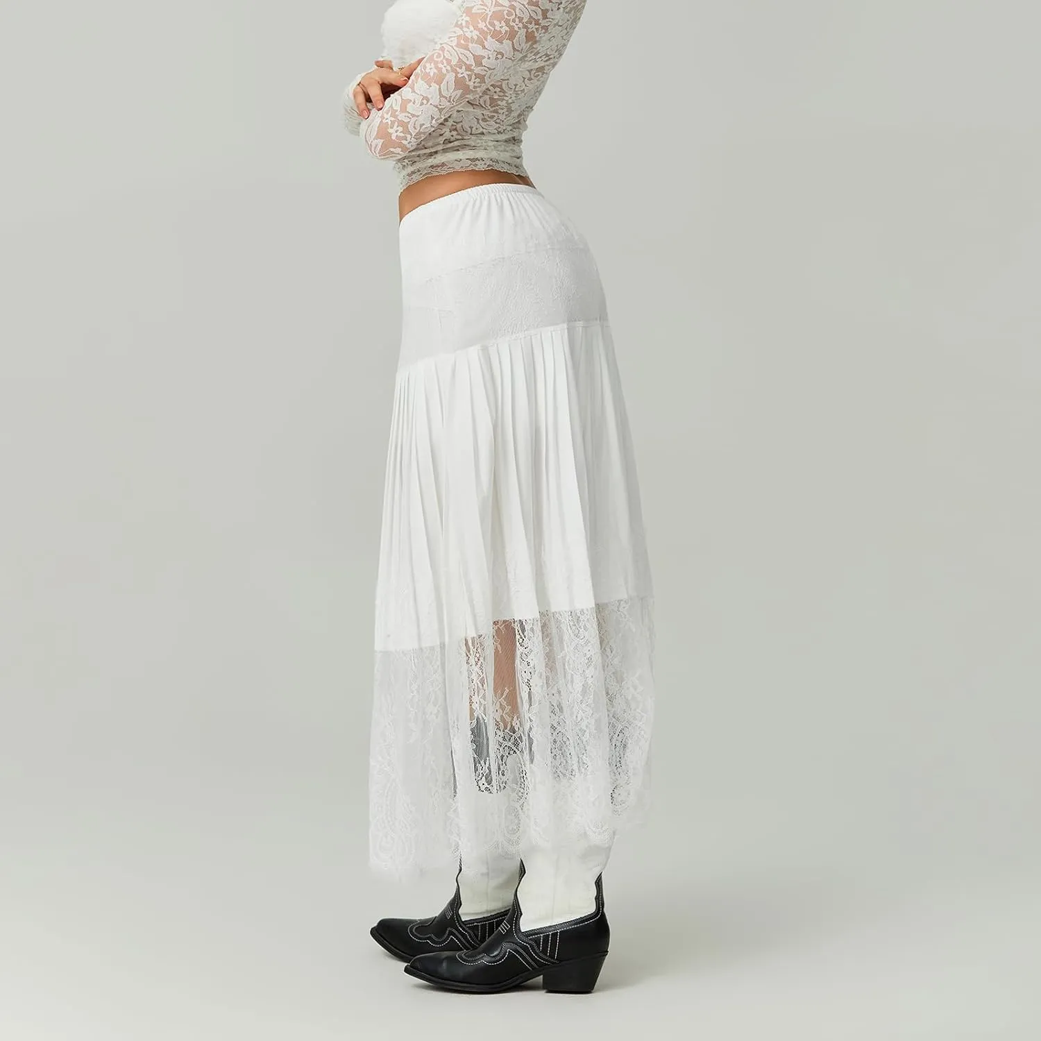 Women Y2k Lace Midi Skirt Pleated Ruffle Lace Trim Half Slip Long Skirt Layering Flowy Extender Underskirt Shirt