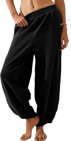 Womens Baggy Pants Wide Leg Cotton Elastic Waist Lounge Pants with Pockets