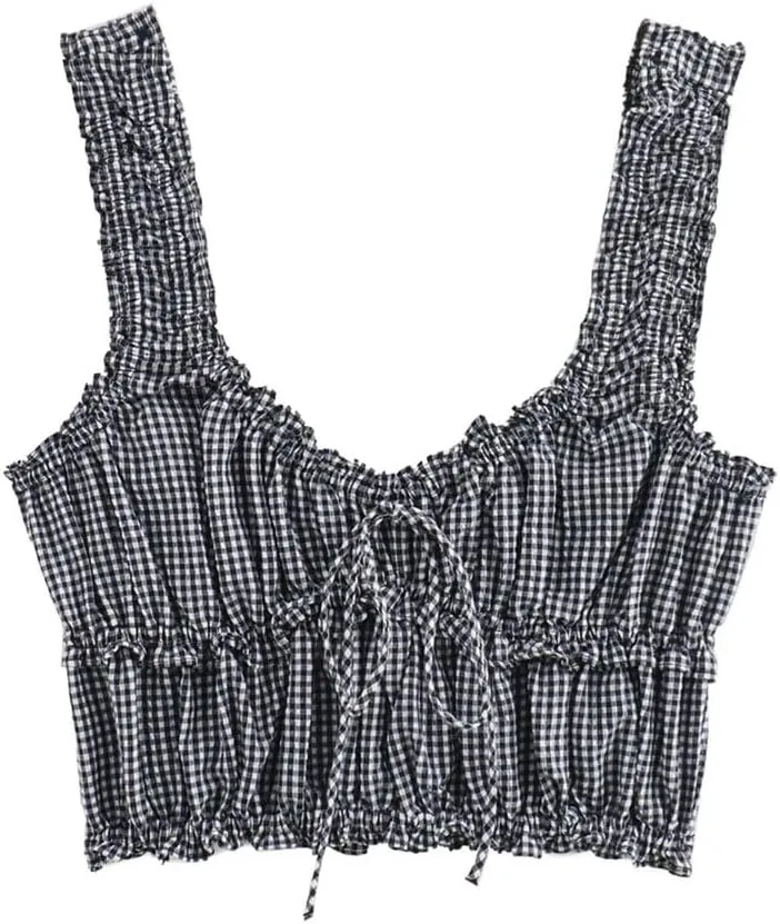 Women's Bow Decorated Square Neck Cropped Plaid Camisole
