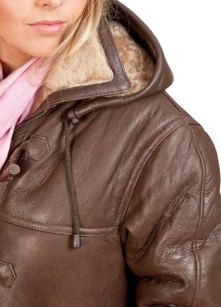 Women's Brown Long Winter Hooded Real Shearling Sheepskin Leather Duffle Coat