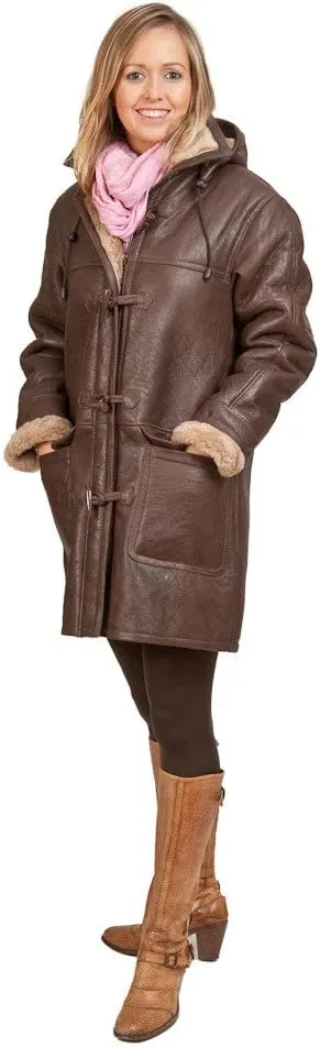 Women's Brown Long Winter Hooded Real Shearling Sheepskin Leather Duffle Coat