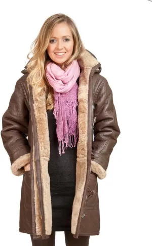 Women's Brown Long Winter Hooded Real Shearling Sheepskin Leather Duffle Coat