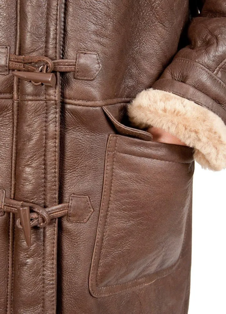 Women's Brown Long Winter Hooded Real Shearling Sheepskin Leather Duffle Coat