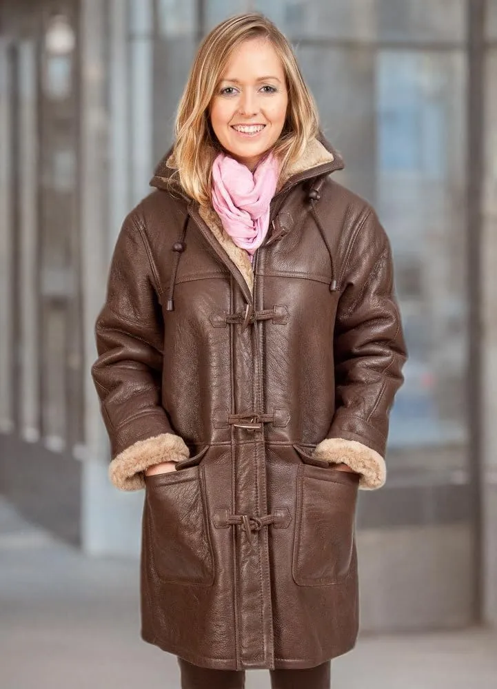 Women's Brown Long Winter Hooded Real Shearling Sheepskin Leather Duffle Coat