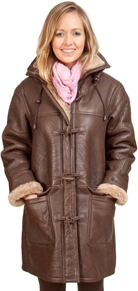 Women's Brown Long Winter Hooded Real Shearling Sheepskin Leather Duffle Coat