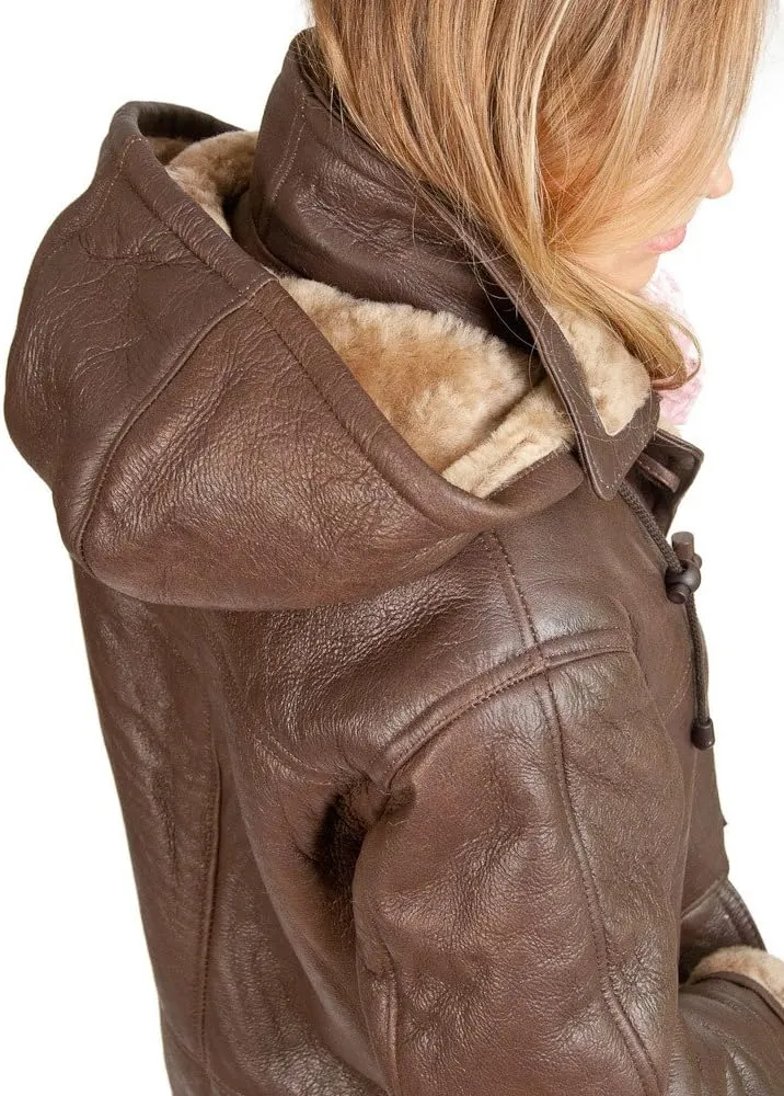 Women's Brown Long Winter Hooded Real Shearling Sheepskin Leather Duffle Coat