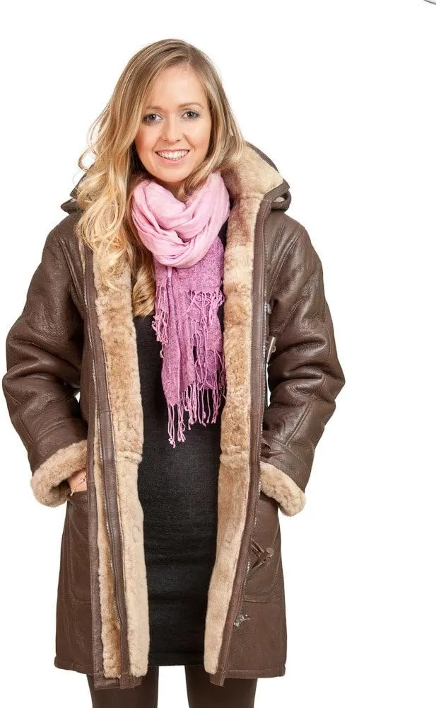Women's Brown Long Winter Hooded Real Shearling Sheepskin Leather Duffle Coat