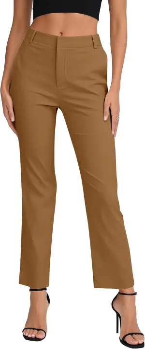 Women's Business Straight Leg Dress Pants Elastic Waist Zipper Closure Work Trousers with Pockets