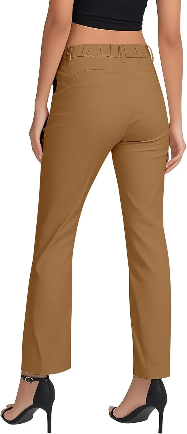 Women's Business Straight Leg Dress Pants Elastic Waist Zipper Closure Work Trousers with Pockets