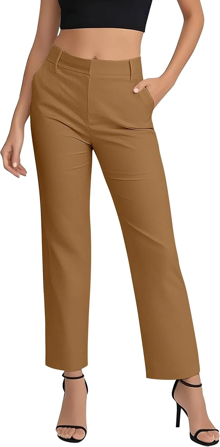 Women's Business Straight Leg Dress Pants Elastic Waist Zipper Closure Work Trousers with Pockets