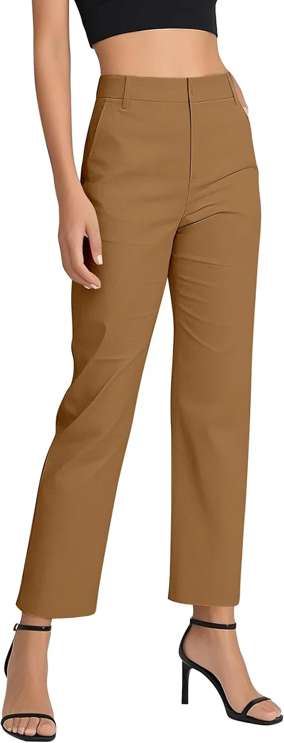 Women's Business Straight Leg Dress Pants Elastic Waist Zipper Closure Work Trousers with Pockets