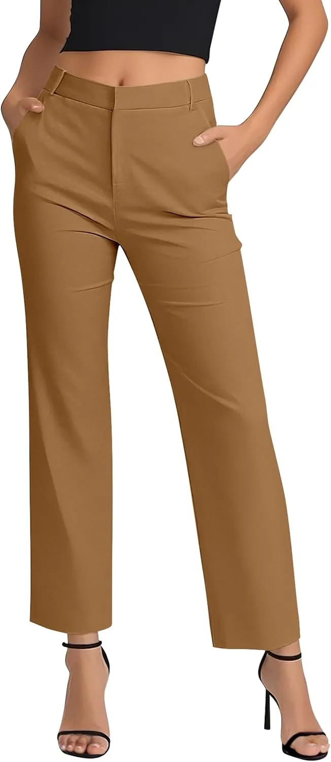 Women's Business Straight Leg Dress Pants Elastic Waist Zipper Closure Work Trousers with Pockets