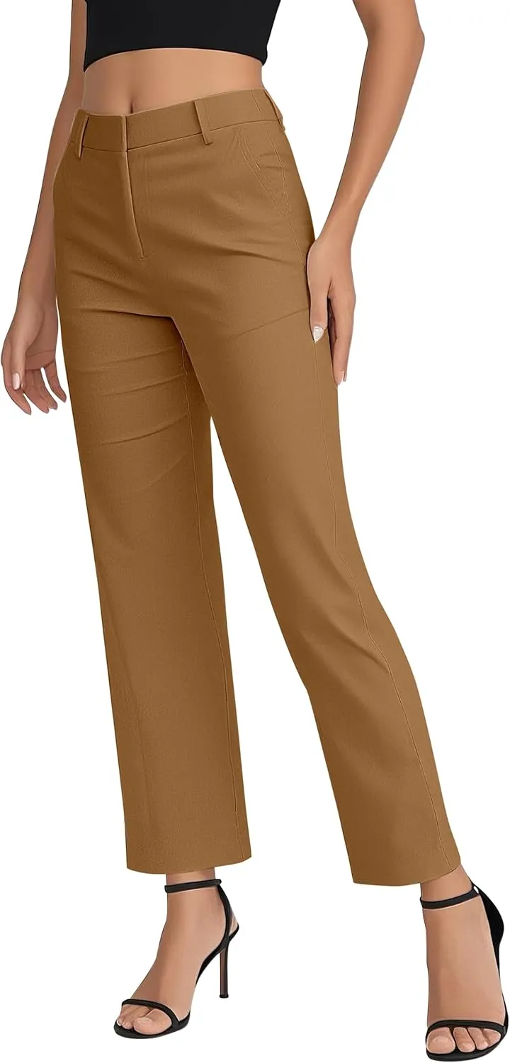 Women's Business Straight Leg Dress Pants Elastic Waist Zipper Closure Work Trousers with Pockets