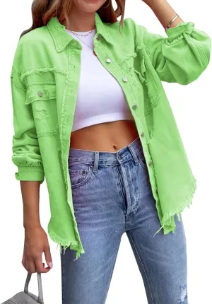 Women's Button Down Oversized Denim Jackets Ripped Frayed Shacket Jean Coat Distressed Shirts with Pockets