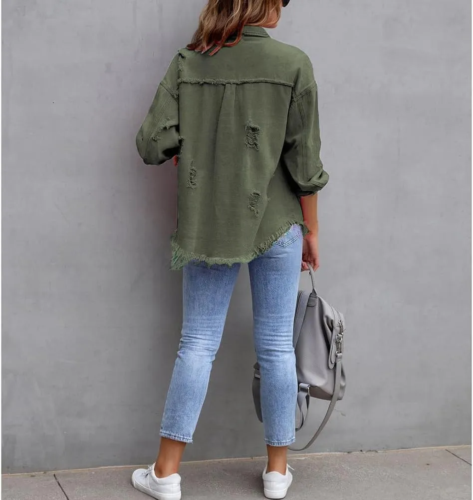 Women's Button Down Oversized Denim Jackets Ripped Frayed Shacket Jean Coat Distressed Shirts with Pockets