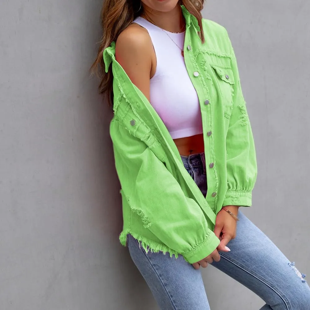 Women's Button Down Oversized Denim Jackets Ripped Frayed Shacket Jean Coat Distressed Shirts with Pockets