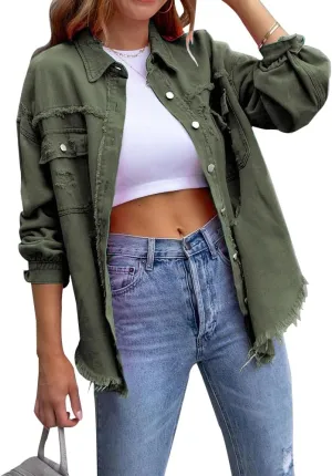 Women's Button Down Oversized Denim Jackets Ripped Frayed Shacket Jean Coat Distressed Shirts with Pockets