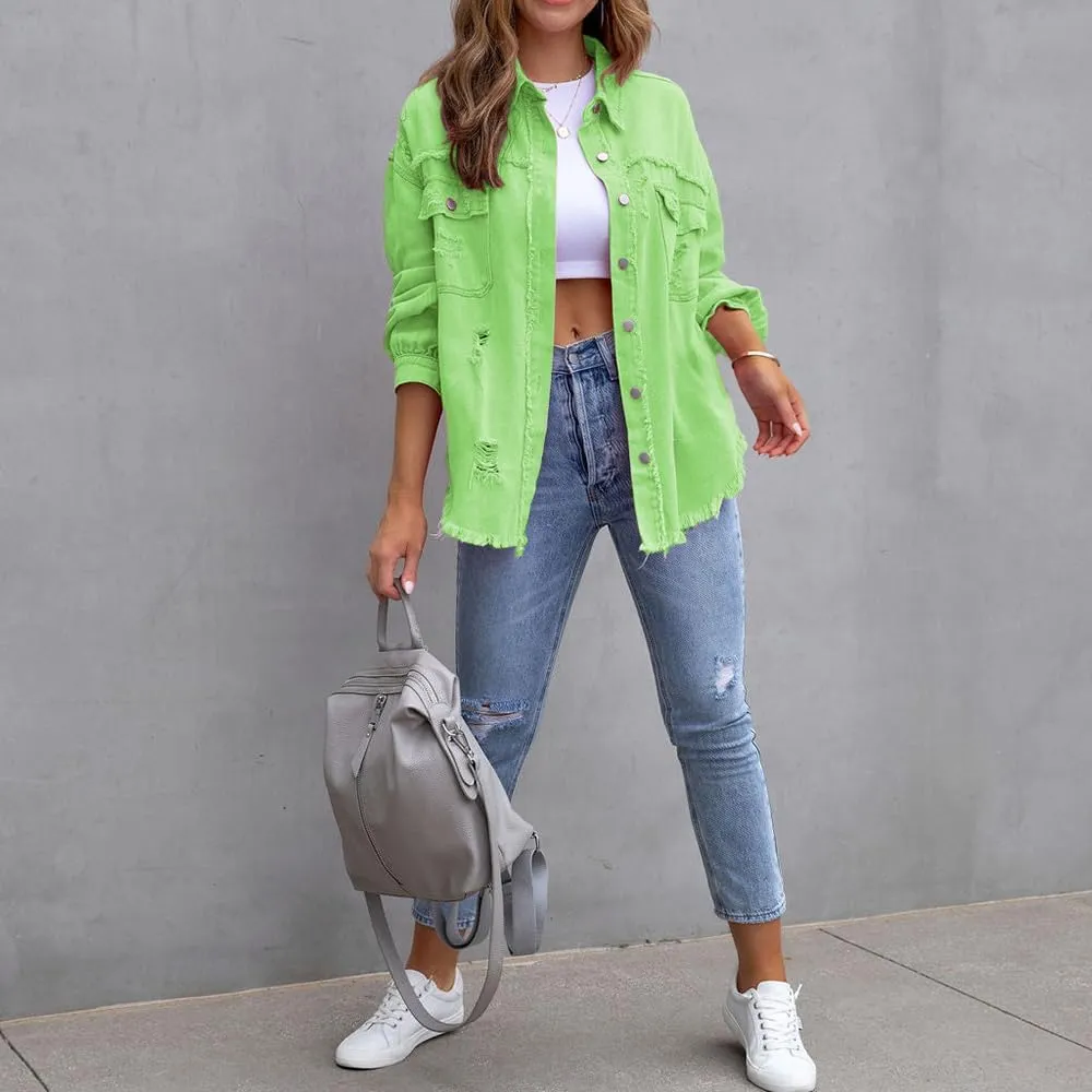 Women's Button Down Oversized Denim Jackets Ripped Frayed Shacket Jean Coat Distressed Shirts with Pockets