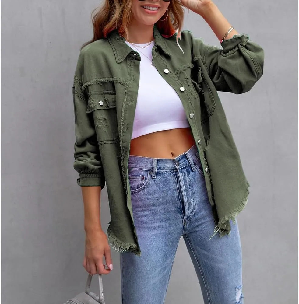 Women's Button Down Oversized Denim Jackets Ripped Frayed Shacket Jean Coat Distressed Shirts with Pockets