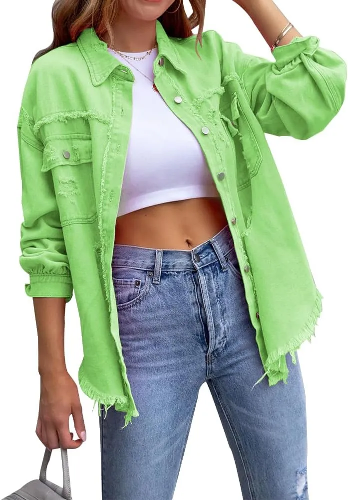 Women's Button Down Oversized Denim Jackets Ripped Frayed Shacket Jean Coat Distressed Shirts with Pockets