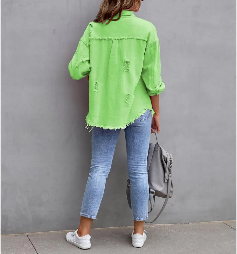 Women's Button Down Oversized Denim Jackets Ripped Frayed Shacket Jean Coat Distressed Shirts with Pockets